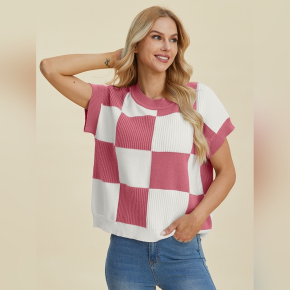 Double Take Full Size Checkered Round Neck Short Sleeve Sweater - Picture 4 of 7